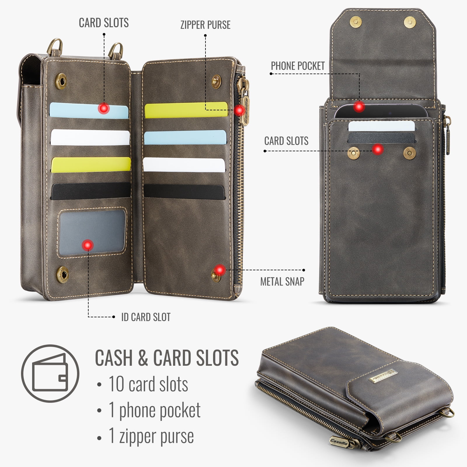 Crossbody Cell Phone Purse Bag for Women Men,Small Leather Wallet with 10 Card Slots,Zipper Pocket & Adjustable Strap Shoulder Bag Clutch with Magnetic Closure Fits Most Smartphones Under 7.3",Coffee