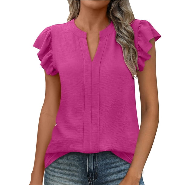 Camiseta de Corta con Cuello en V y Mangas de Hoja de para Mujer, Color Rosa y Rojo Talla M