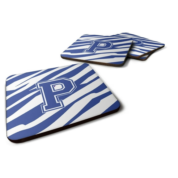 Letter P Initial Tiger Stripe Blue and White Foam Coaster Set of 4