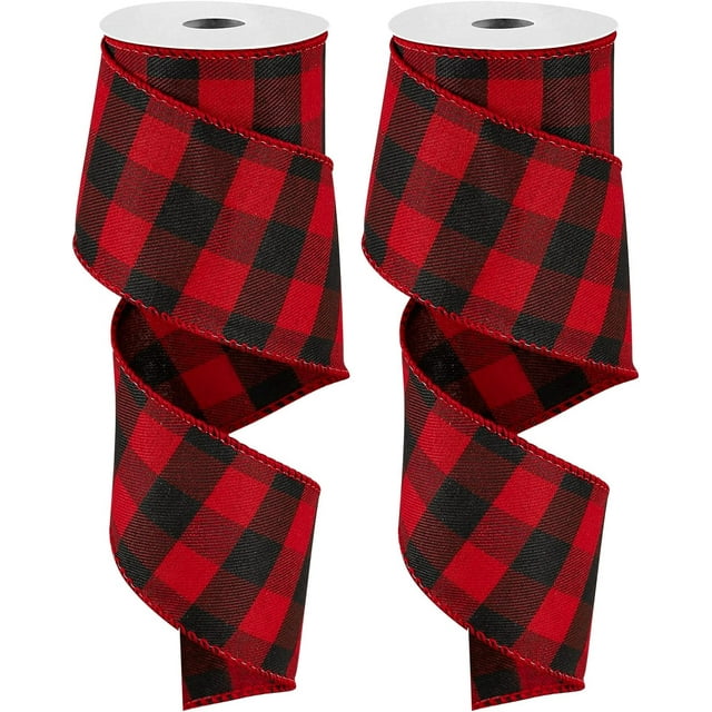 2 Rolls Wired Edge Plaid Ribbon Christmas Buffalo Check Ribbon White Black Plaid Ribbon 2.5" Wide Farmhouse Craft Ribbon