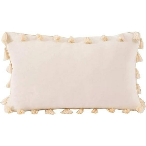 Nvzi Velvet Soft Solid Decorative Throw Pillow Cover with Tassels Boho Accent Cushion Case for Couch Bedroom Car Beige 12''x20''