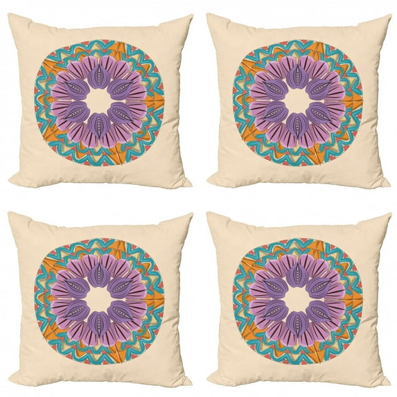 Mandala Throw Pillow Cushion Case Pack of 4, Mandala Art Design with Rotating Zigzags Definitive Lines and Floral Motifs Print, Modern Accent Double-Sided Print, 4 Sizes, Multicolor, by Ambesonne