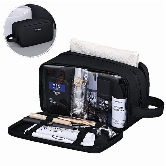 WANDF Large Toiletry Bag with for Men Women,3-Layer PU Leather Travel Dopp Shaving Kit Bag with Wet Compartment ,Water Resistant Cosmetic Makeup Organizer Shower Bathroom Bag(Black)