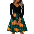 thumbnail image 6 of Women's Halloween Dress Pumpkin 1950s Long Sleeve Funny Tea Length Dress Witch Hat Printed V-Neck Retro Dresses with Belt S, 6 of 7