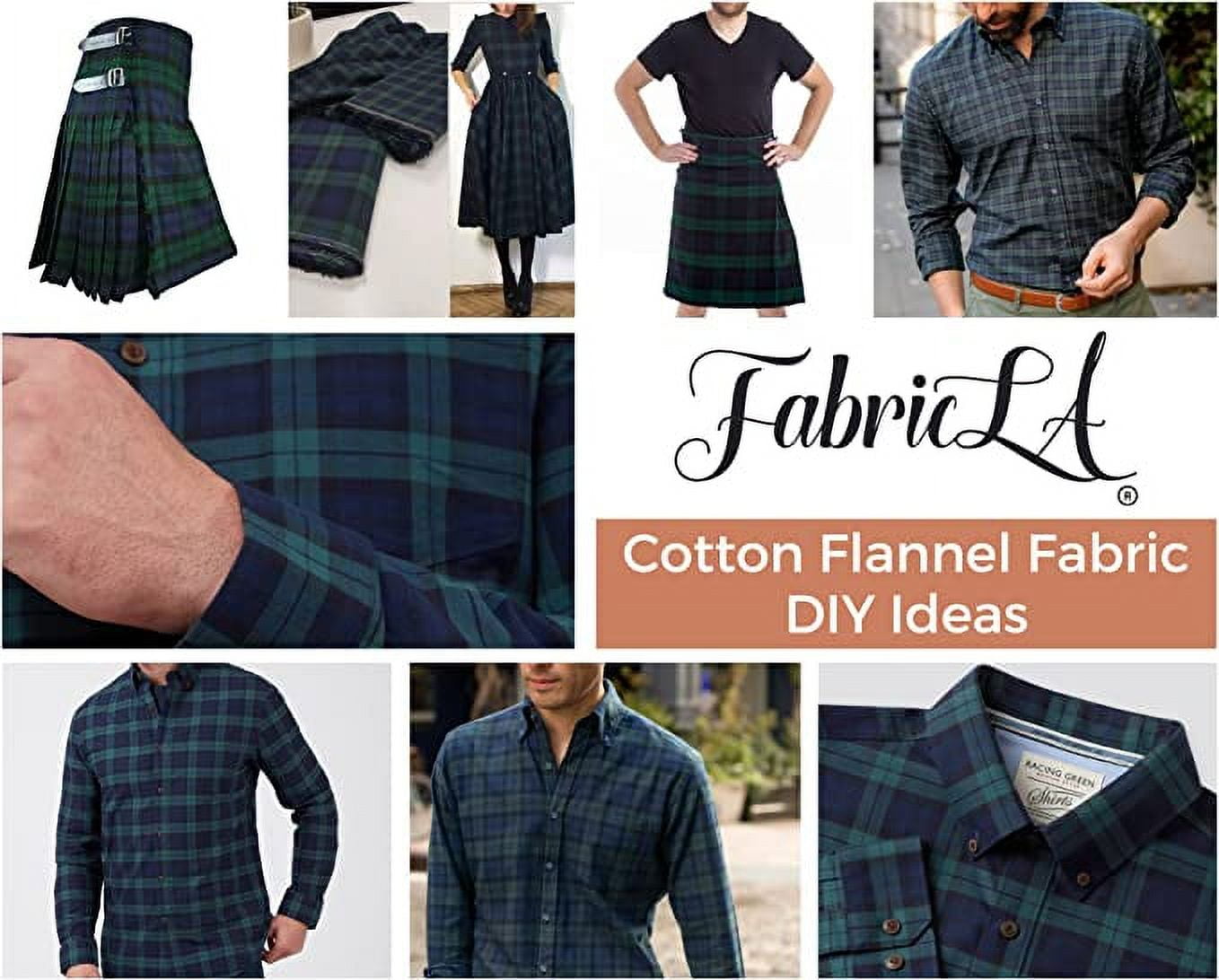 FabricLA Flannel Fabric by The Yard | 60" inches Wide Flannel Fabric | 100% Cotton Flannel Fabric for Baby Blanket, PJ, Shirt, Cloth Flannel Craft Fabric - Blue & Green Fabric 1 Yard Pre Cut
