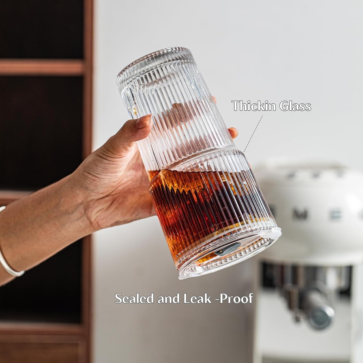 LUXULISH 20oz Ribbed Glass Tumblers Set Of 4 - With Lids & Straws, Thickened Vintage Glasses - View #8