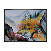 Designart 'VIbrant Mountain Landscape With Little House' Traditional Framed Canvas Wall Art Print