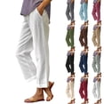 thumbnail image 7 of Dwellite Women's Linen Pants Ankle Length Straight Leg Cropped Pants Elastic Waist for Summer Beach Vacation with Pockets Blue 6XL, 7 of 7