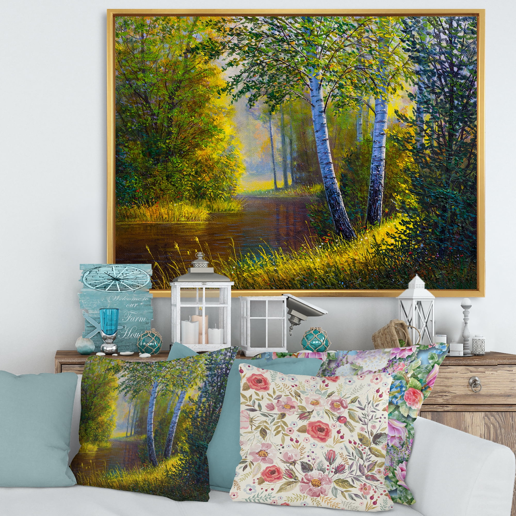 Designart 'Sunrise Glow Through The Birches II' Lake House Framed Canvas Wall Art Print