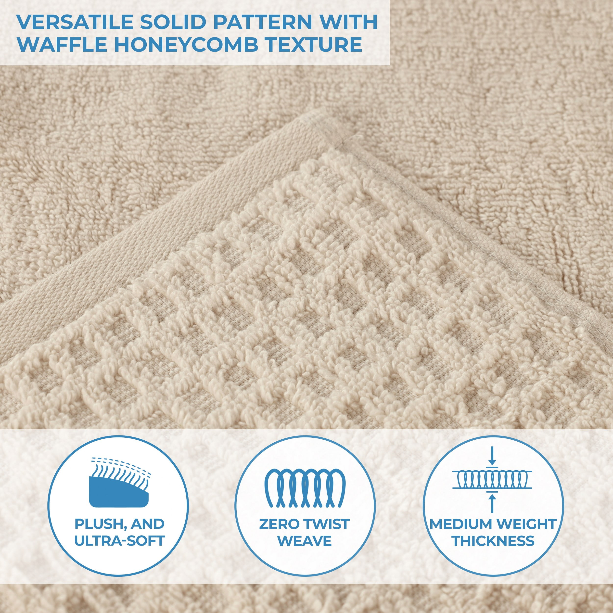 Superior Zero Twist 8-Piece Cotton Towel Set, Waffle Border Ultra Doft Quick Dry Towels, Ivory