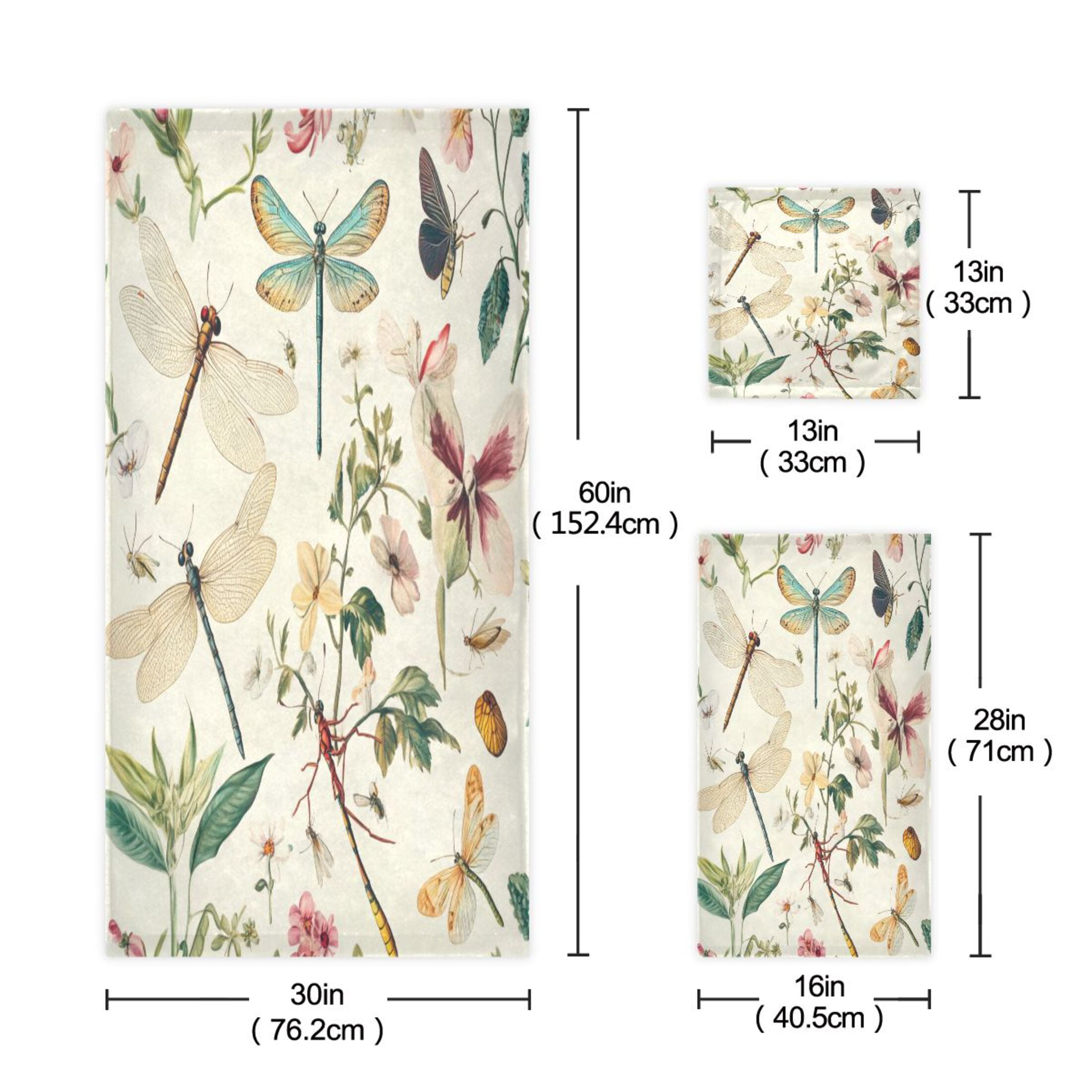 WOBOGO Dragonfly Print Painting Ultra Soft 3 Pack Cotton Towel Set Includes 60 x 30in Bath Towel 28 x 16in Face Towel and 13 x 13in Small Square Towel for Everyday Use Lightweight and Compact