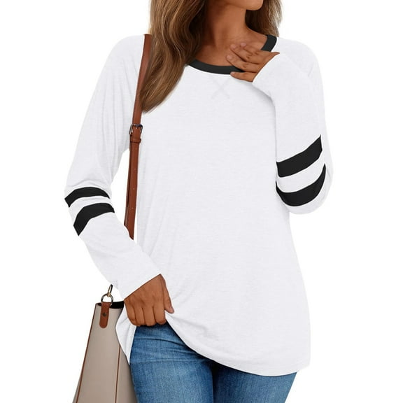 Womens Long Sleeve Shirts Color Block Casual Crewneck Tshirt Fall Fashion Clothes Trendy Outfits White XXL