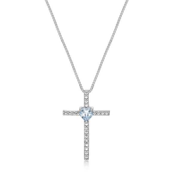 .15 Ct Heart Aquamarine Diamond Cross Pendant - Sterling Silver - 18” - Sky Blue