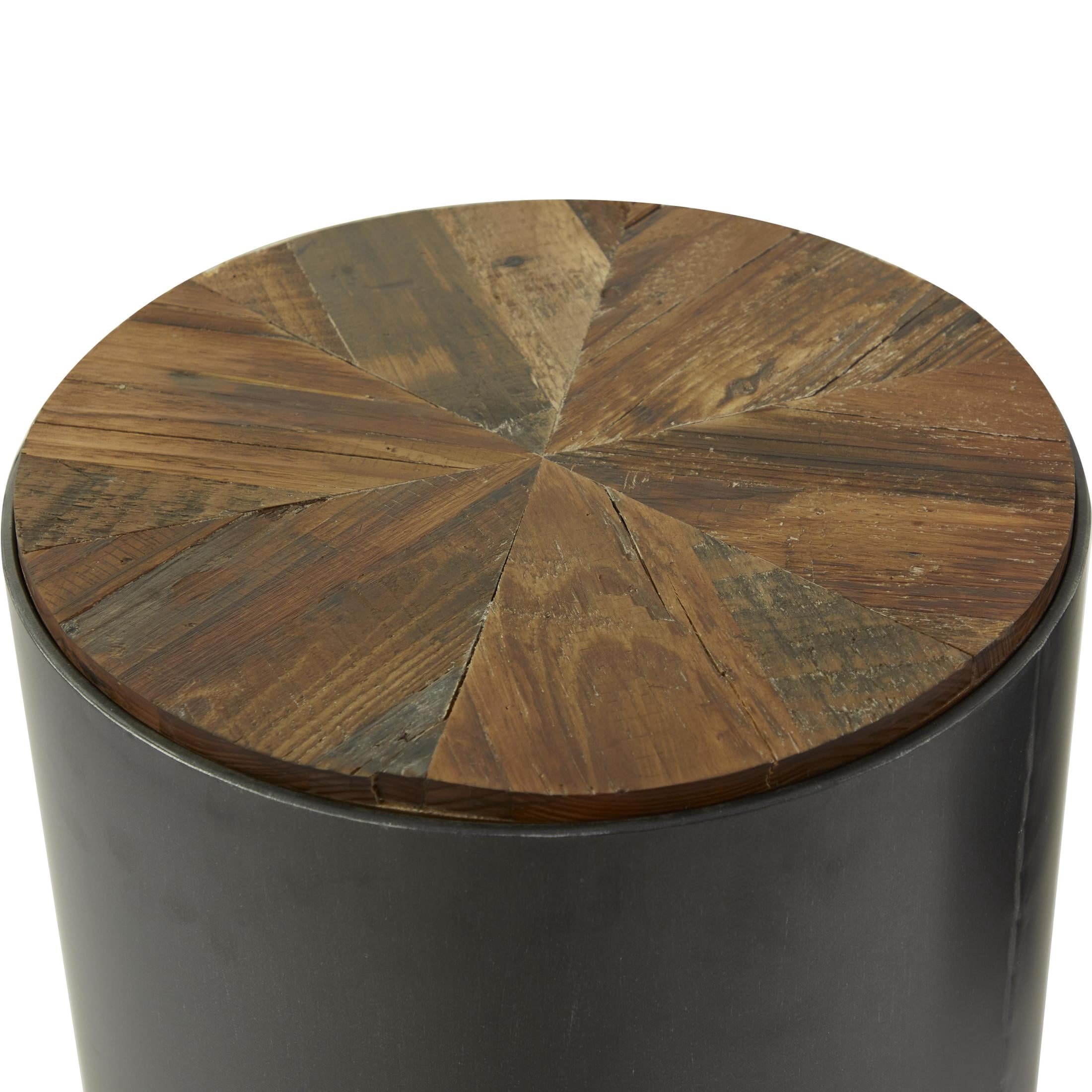 DecMode 19" x 21" Black Metal Drum Accent Table with Brown Wood Top, 2-Pieces