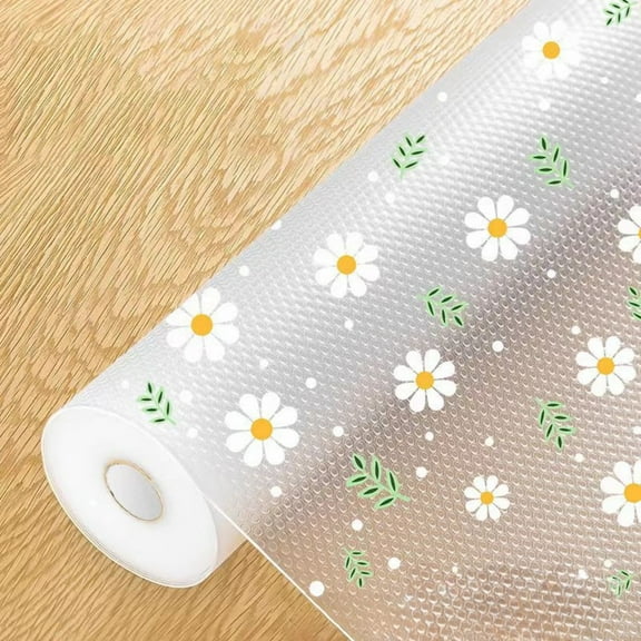 Shelf Liner Non-Adhesive EVA Cabinet Liner 11.8in×10ft for Kitchen/Desktop/Drawer(Transparent Daisy）