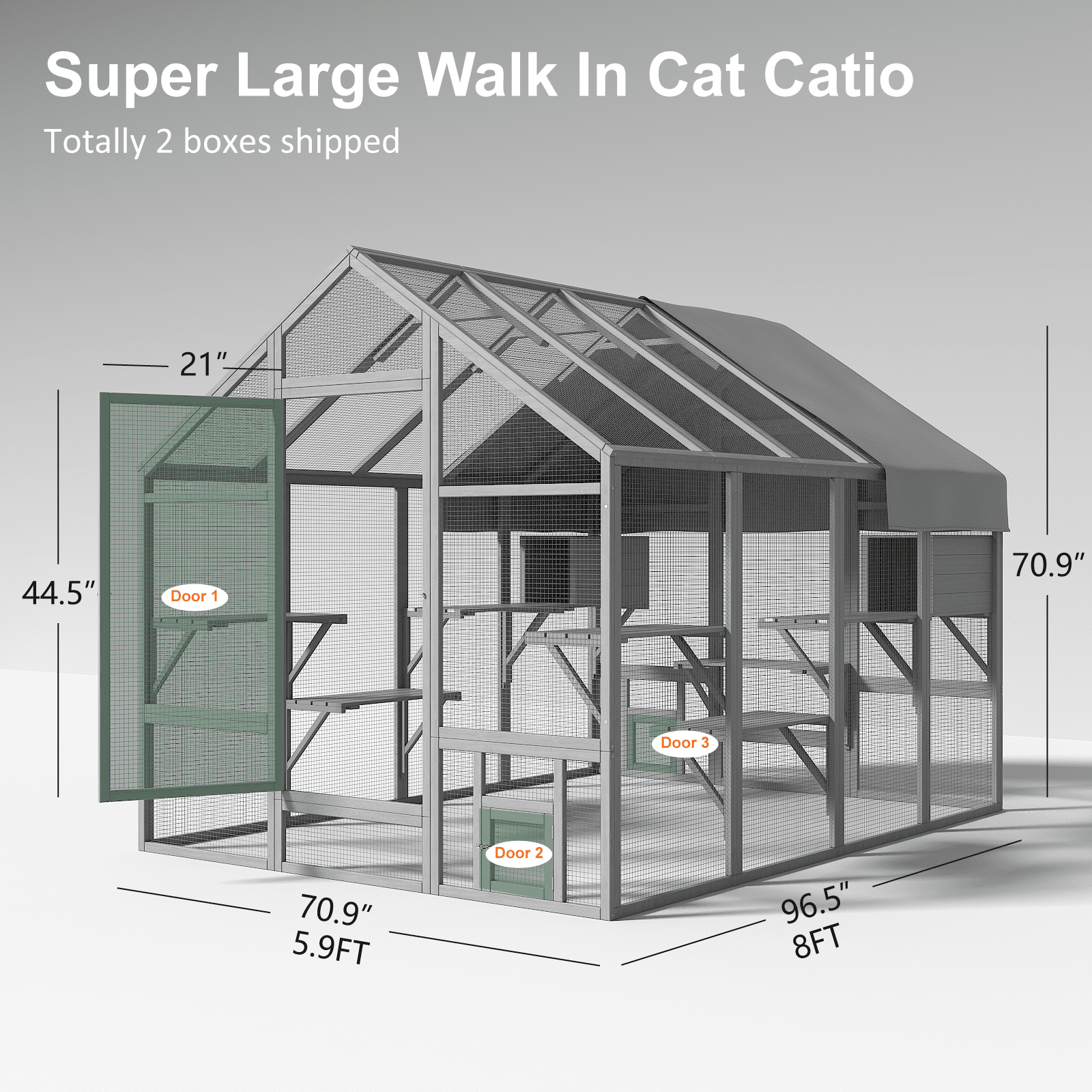 TIMHAKA 97" Outdoor Large Cat Enclosure, Wooden Cat Catio w/ 7 Platforms, 2 Resting Boxes & Weatherproof Cover for Multiple Pets