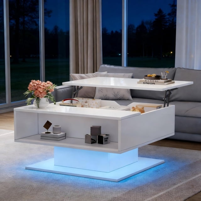 Table Basse Carrée de 30 Pouces à Plateau Relevable avec Lumières DEL Intelligentes, Table Centrale Moderne à Fini Très Lustré avec Levage Hydraulique et Rangement Caché, Table à Thé Ergonomique Géométrique pour Salon, Petit Espace, Bureau, Blanc
