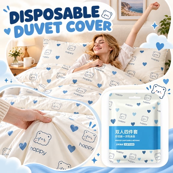 Disposable Bed Sheets Set with Cute Blue Bear Pattern, 79 X 87 Inch, White and Blue, for Travel and Camping, 4-Piece Bedding Set