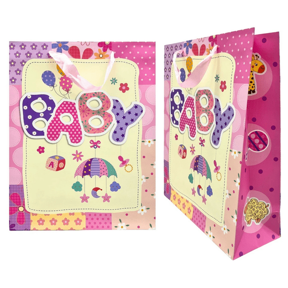 10 in x 12 in Baby Girl Medium Decorative Gift Bag, Baby Shower Gift Bag, BABY Lettering, Balloons, Umbrellas, Butterflies, Satin Ribbon Handles, Durable Cute Bag, Toys, Gifts, Pink