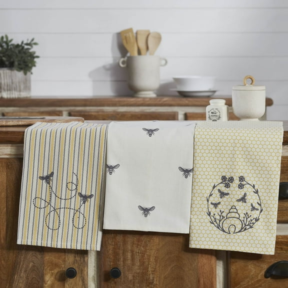 VHC Brands Cotton Kitchen Towel set of 3, Distressed Appearance, Tea Towel, Dish Towels, Buzzy Bees Collection, Rectangle 28x19, Vintage Yellow