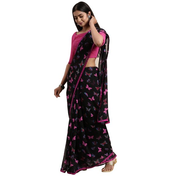 eloria Women's Poly Chiffon Partywear Saree Butterfly Design Sari with Readymade Blouse, Color: Black & Turquoise Blue | Size: 44
