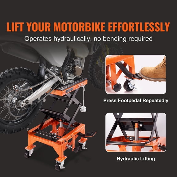 Dranite Hydraulic Motorcycle Scissor Lift - 350LB Capacity, Wide Deck w/J-Hooks & 4 Wheels, Foot-Operated Hydraulic Jack for Dirt Bikes & ATVs