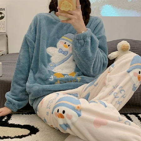 

DanceeMangoo Autumn Winter New Warm Flannel Womens Pajamas Set Long-sleeved Trousers Two-piece Set Cute Soft Home Wear Clothes for Women