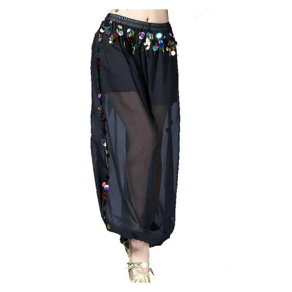 Women Belly Dance Coins Lantern Pants Side Slit Sequin Chiffon Pants Harem Pants Halloween Costume Party Dancewear