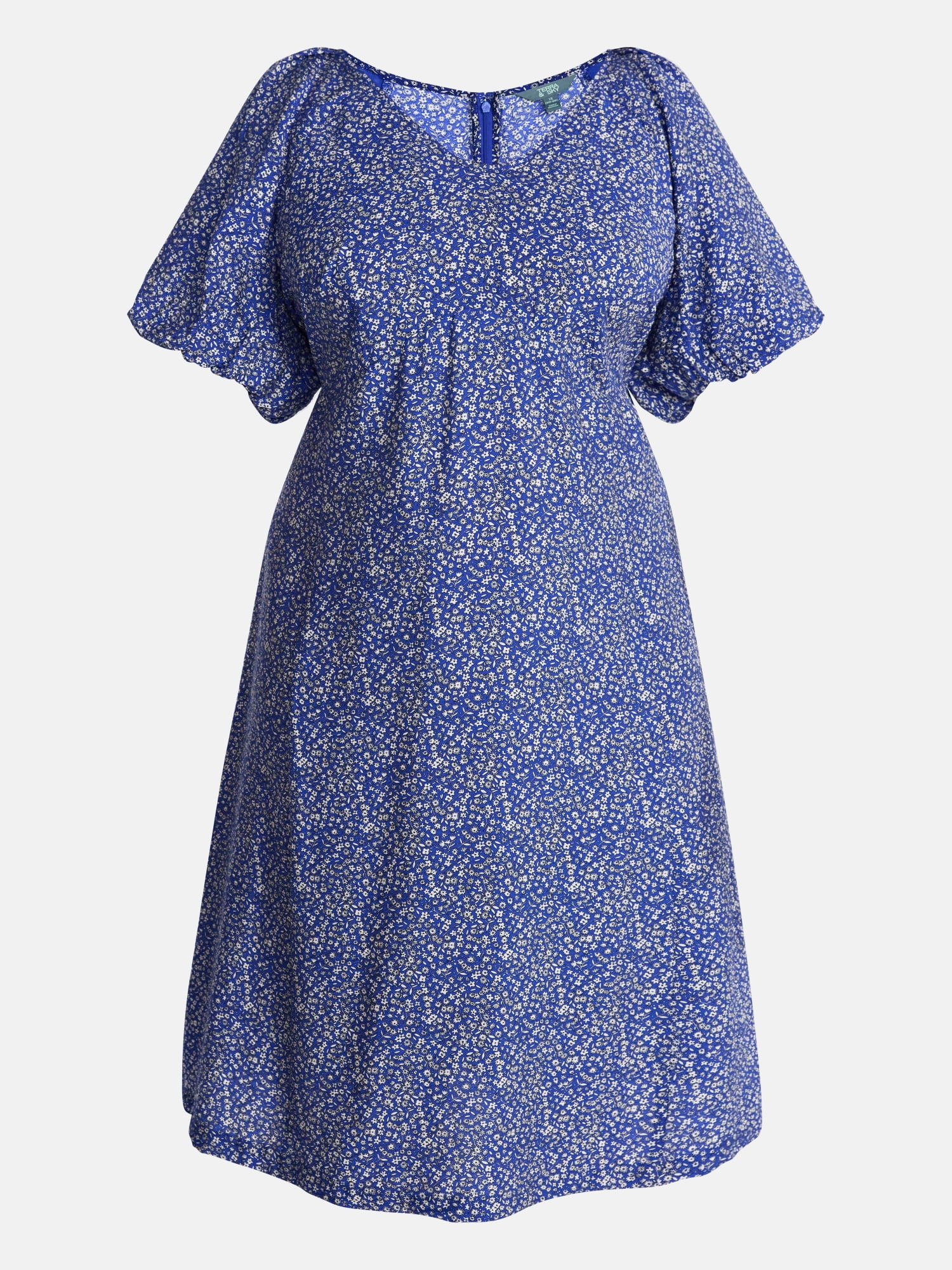 Terra & Sky Women's Plus V Neck Midi Dress with Short Puff Sleeves, Sizes 0X-5X