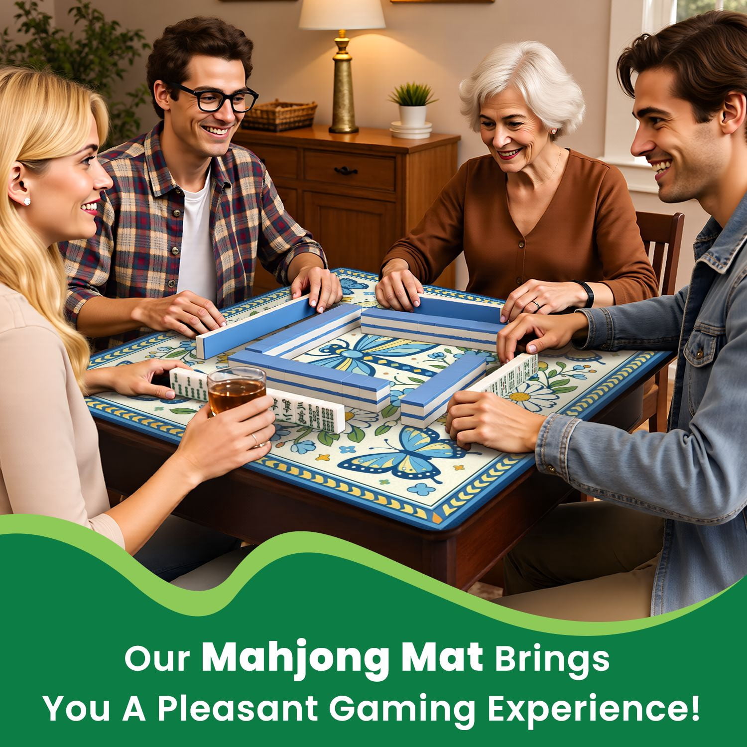Mahjong Mat 31.5" x 31.5" Floral Butterfly Dragonflies Geometric Accents Non-Slip Noise Reduction Mahjong Tiles Table Cover for Dominoes Poker Card Board and Tile Games