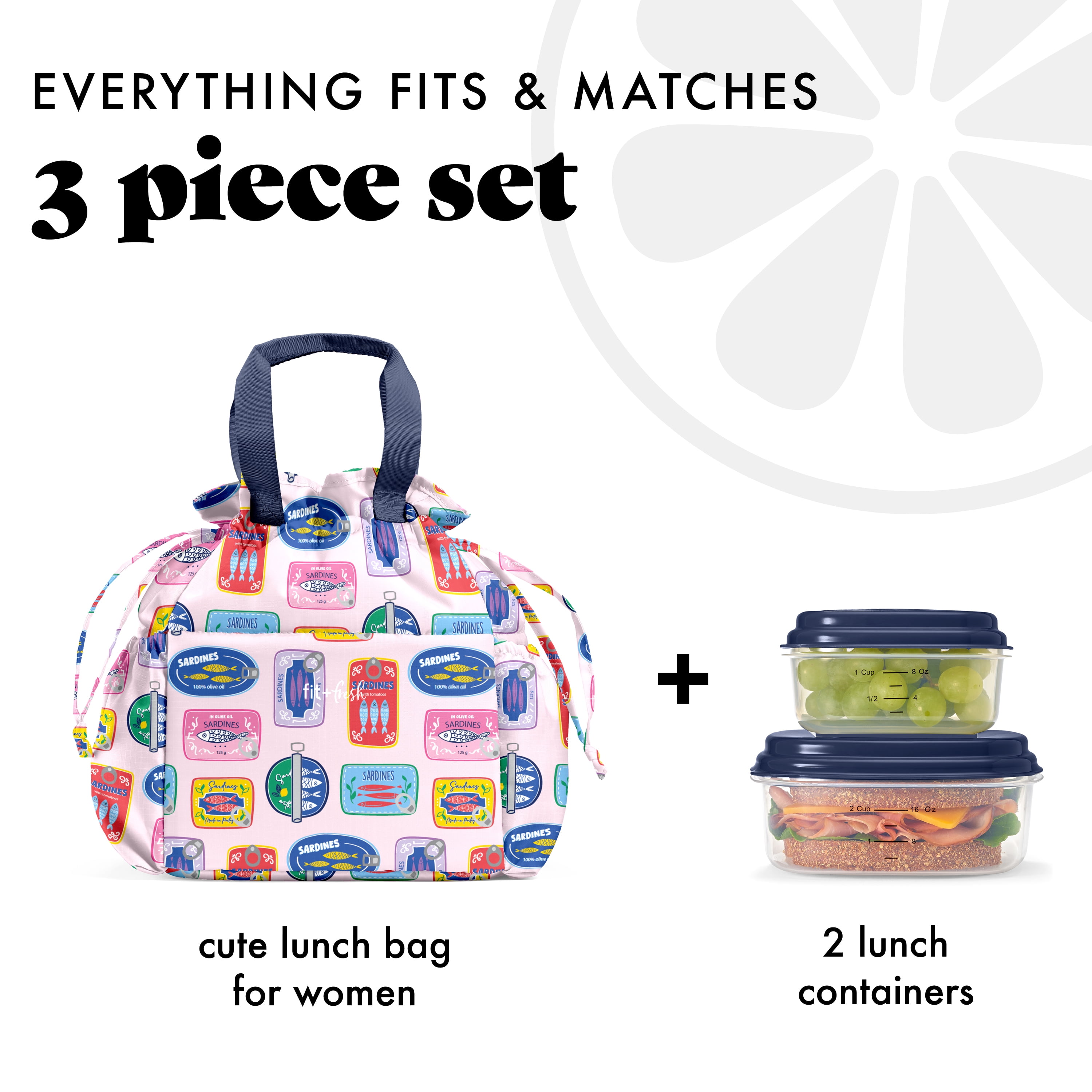 Fit + Fresh Cromwell Women's Lunch Bag, Cinch Closure Lunch Box With Containers, Assorted Sardine Cans