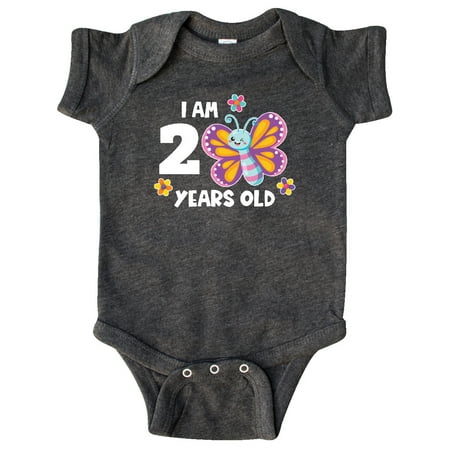 

Inktastic I am 2 Years Old Cute Smiling Butterfly with Flowers Gift Baby Girl Bodysuit