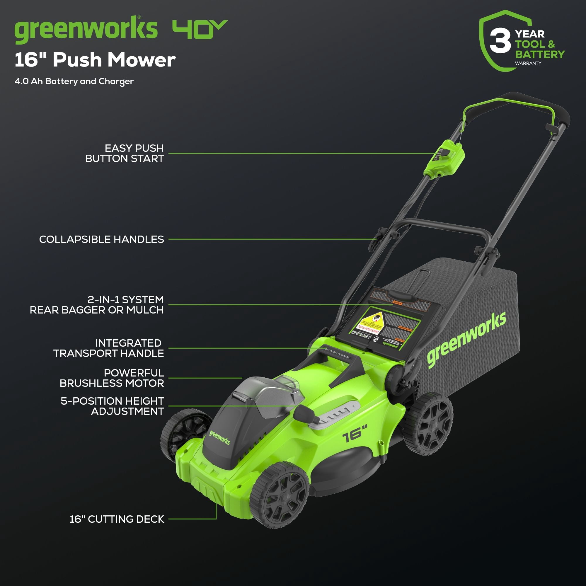 Greenworks 40V 16" Brushless Cordless Push Lawn Mower + 350 CFM Blower, W/4.0Ah Battery and Charger Compatible for 75+ Tools