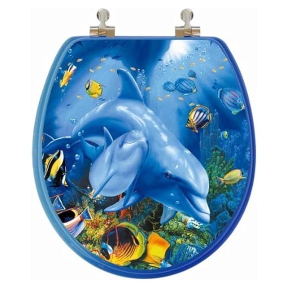 3D Ocean Series Round Toilet Seat w/Chromed Metal Hinges, Wood, Dolphin Family