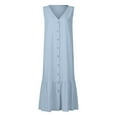 thumbnail image 4 of CHUANK Robes pour Femmes en Liquidation à Moins de 5,00 $ Robe Maxi Blanche pour Femmes Uni Col en V Sans Manches Robe à Boutons Coton Lin Longues Robes d'Été pour Femmes, 4 of 5