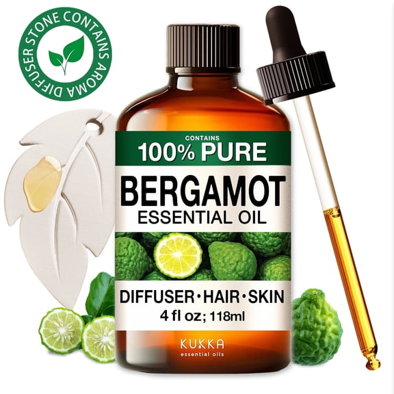 Kukka Bergamot Essential Oil with Aromatherapy Stone - 100% Pure Plant-Powered for Diffuser, Hair Care, Skincare & Soap Making - 4 fl oz