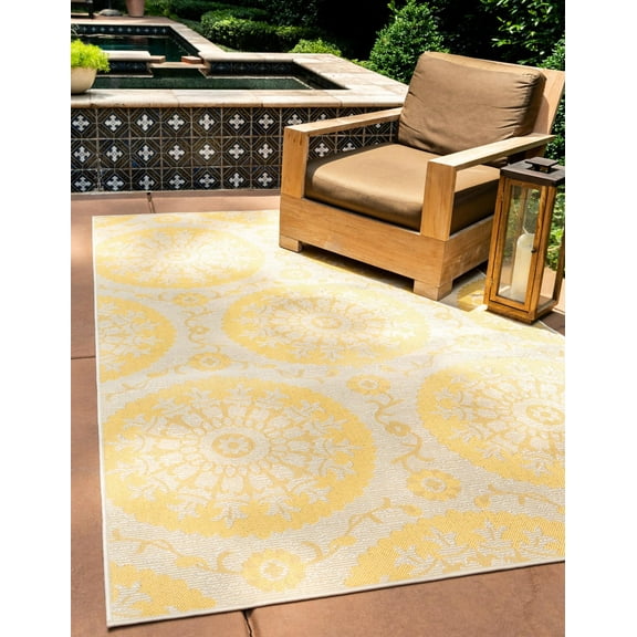 Unique Loom Medallion Outdoor Botanical Rug , 7' 0" x 10' 0" ,Yellow