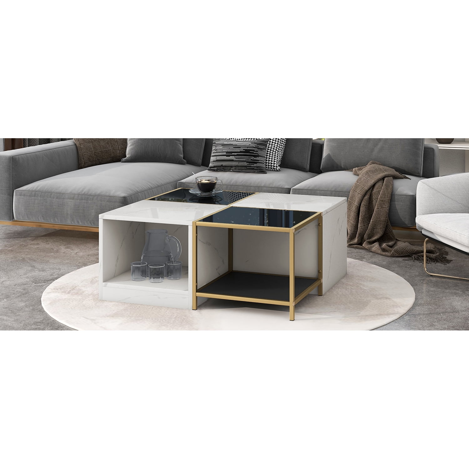 Kadyn Modern Coffee Table, Particle Board Tea Table with Metal Frame, Simply Assemble Square Corner Tables with High Gloss White Marble Finish, White+Black