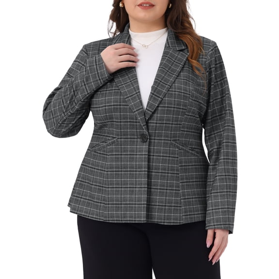 DARING DIVA Women's Plus Casual Plaid Notched Lapel Button Jacket Gray 1X