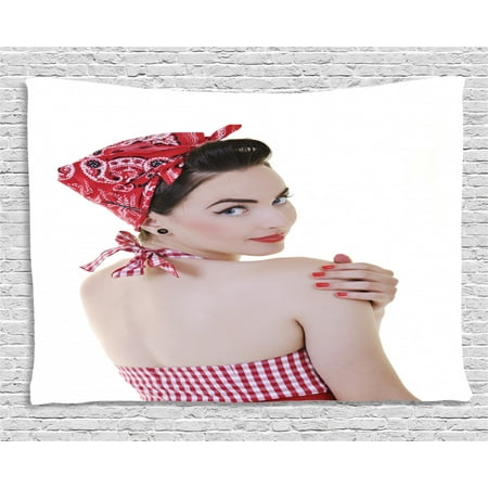 Pin up Girl Tapestry  A Young Lady Wearing Gingham Patterned Halter-Neck Bikini Top and a Bandana  Wall Hanging for Bedroom Living Room Dorm Decor  60W X 40L Inches  Multicolor  by Ambesonne