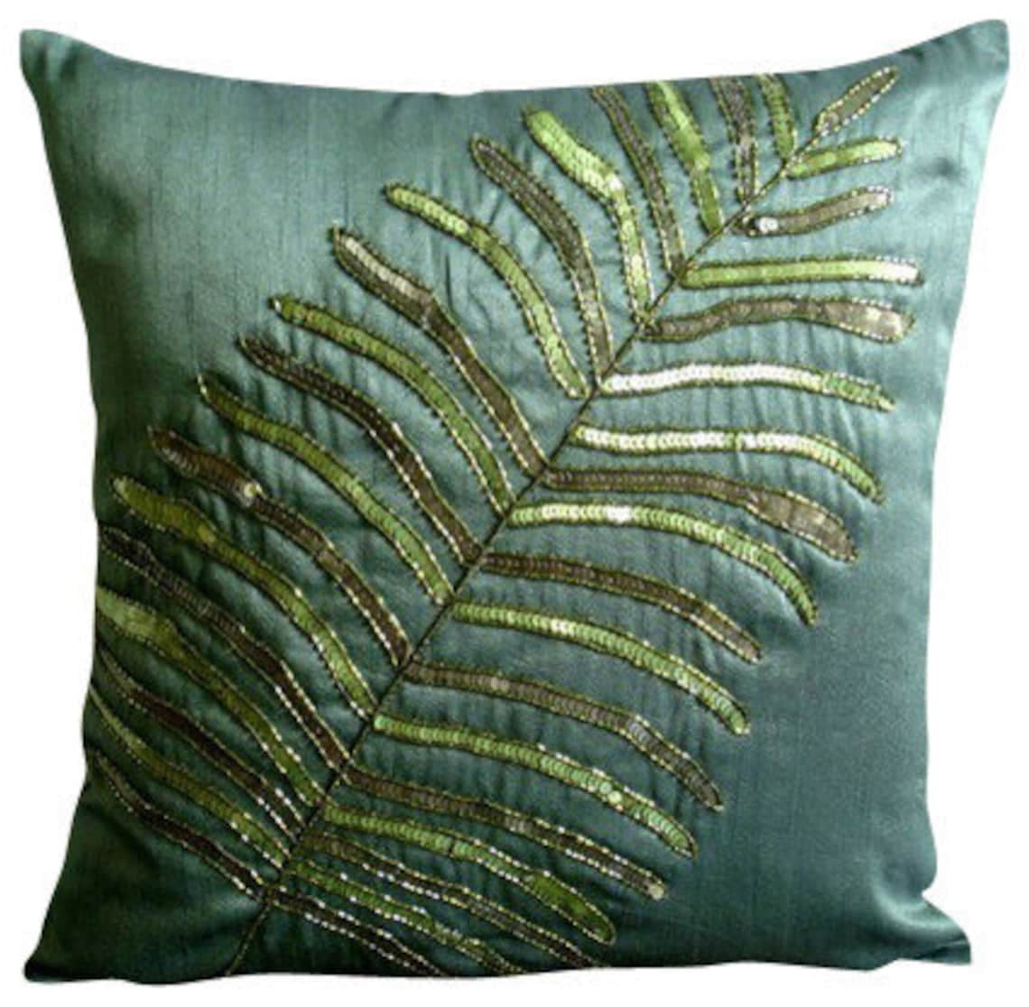 24x24 Pillow Cover Green, Luxury Dark Green Pillow Shams, Leaf Sequins