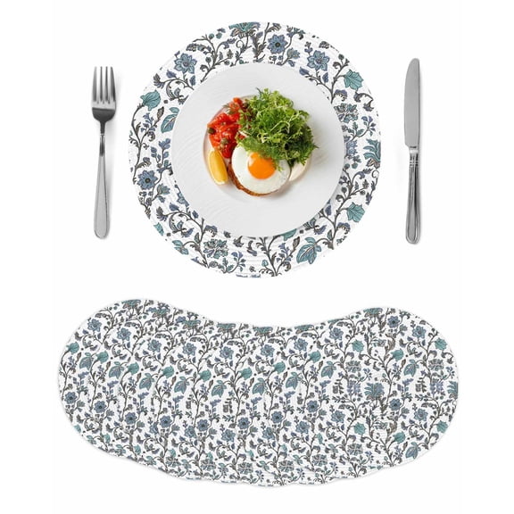 Boho Leaf Round 15 Inch Placemats Set of 8, Teal Green Spring Farmhouse Pastoral Tribal HeatResistant Non Slip Place Mats for Dining Table, Wipeable Braided Kitchen Table Mats for Housewarming