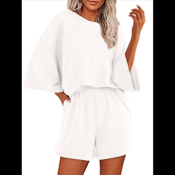 Conjuntos de Pijama para Mujer, Blusas Extragrandes de 3/4 y Pantalones Cortos con Cintura Elástica, Conjuntos de Estar por Casa. L
