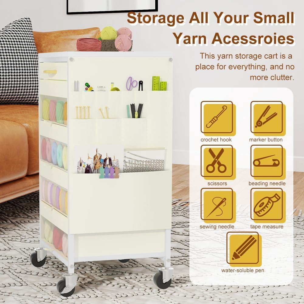 Yarn Storage Organizer Cart with Drawers, Yarn Holder Mobile Knitting Crochet Organizer, Rolling Craft Cart with Lockable Wheels and Side Pockets for Crochet Knitting Supplies, White