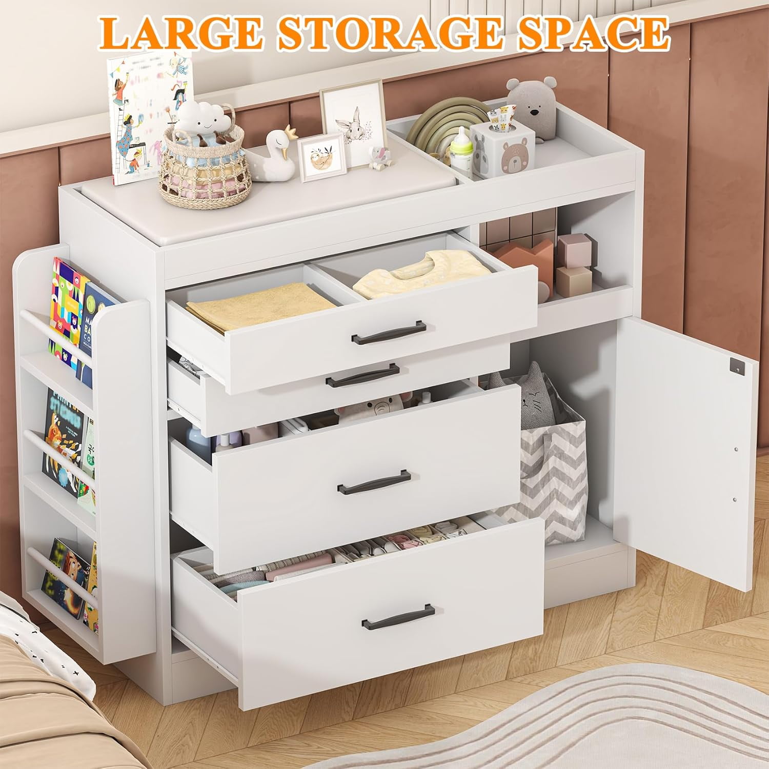 Winkalon Changing Table Dresser, Baby Nursery Dresser with 4 Drawers & 1 Cabinet & 3 Open Shelves Storage, Modern Diaper Changing Station for Children's Room, Changing Pad Included, White