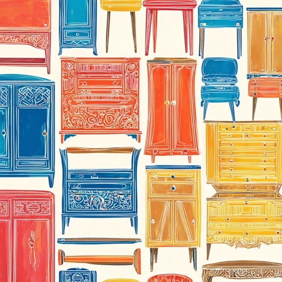 Retro Peel and Stick Wallpaper 23.6in x 9.8ft Colorful Vintage Furniture Chairs Cabinets Bold Contact Paper Vinyl Waterproof Self Adhesive Wall Paper for Bedroom Shelf Cabinet Renter Friendly