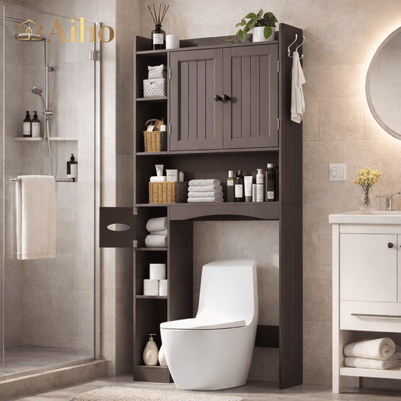 Over the Toilet Storage Cabinet, Aiho 66" H Bathroom Space-Saving Organizer Above Toilet with 2 Doors & Adjustable Shlef, Perfect for Bathroom, Laundry, Dark Brown