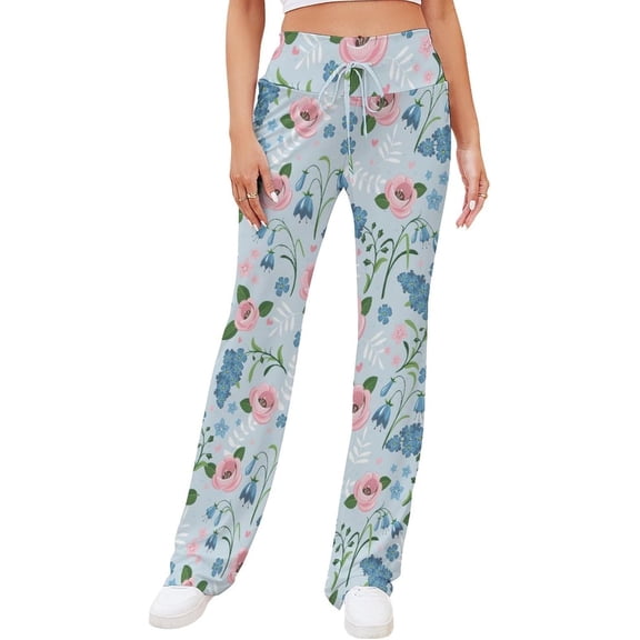 Top-kevin Women's Straight Leg Lace-up Yoga Trousers Pink Blue Florals Exercise Wide Leg Pants