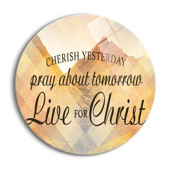 Pray Live For Him Yellow Orange Mountains 24 inch Glass Round Wall Hanging Sign