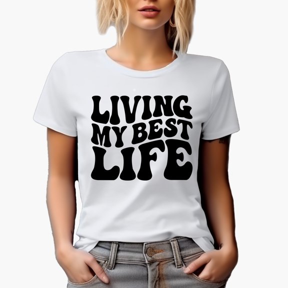 Living My Best Life, Groovy Retro Wavy Text Merch Gift, White T-Shirt, Small